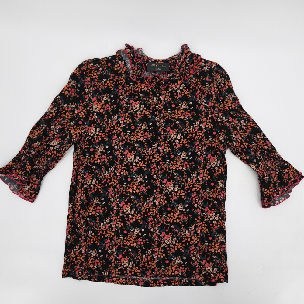 WYSE Shirt Womens 2 Black Blouse Floral Ruffle Collar Long Sleeve Boho Whimsical